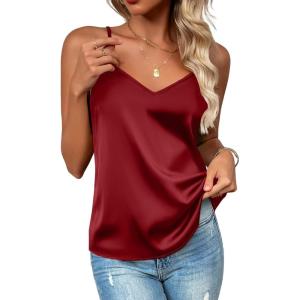 image:imageZeagoo Womens Silk Satin Tank Tops 2026 V Neck Adjustable Spaghetti Strap Sleeveless Camisole Summer Basic BlouseRed