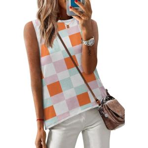 image:imageZeagoo Womens Sleeveless Sweater Vest Crewneck Knit Loose Sweater Tank Tops Lightweight Shirts Blouses 2026Plaid Orange