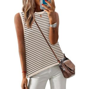 image:imageZeagoo Womens Sleeveless Sweater Vest Crewneck Knit Loose Sweater Tank Tops Lightweight Shirts Blouses 2026Stripe Beige