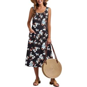 image:imageZeagoo Womens Summer Midi Dresses 2026 Casual Sleeveless Tank Sundresses A Line Crewneck Beach Vacation Dress with PocketsBlack Floralpa104