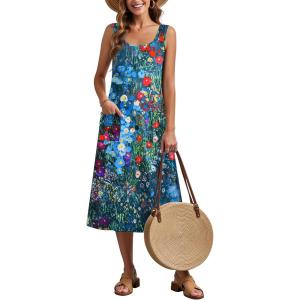 image:imageZeagoo Womens Summer Midi Dresses 2026 Casual Sleeveless Tank Sundresses A Line Crewneck Beach Vacation Dress with PocketsBlue Floral 02wf23