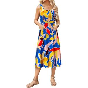 image:imageZeagoo Womens Summer Midi Dresses 2026 Casual Sleeveless Tank Sundresses A Line Crewneck Beach Vacation Dress with PocketsBlue Floral 03dh620