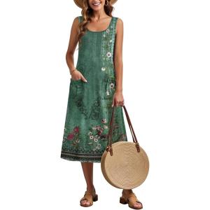 image:imageZeagoo Womens Summer Midi Dresses 2026 Casual Sleeveless Tank Sundresses A Line Crewneck Beach Vacation Dress with PocketsGreen Floralpa171