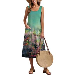 image:imageZeagoo Womens Summer Midi Dresses 2026 Casual Sleeveless Tank Sundresses A Line Crewneck Beach Vacation Dress with PocketsOil Paintingcx322