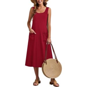 image:imageZeagoo Womens Summer Midi Dresses 2026 Casual Sleeveless Tank Sundresses A Line Crewneck Beach Vacation Dress with PocketsRedtr