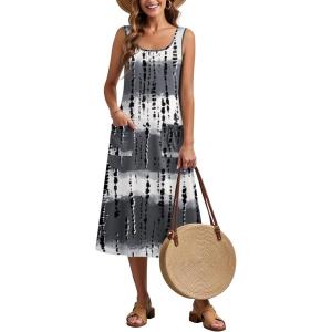 image:imageZeagoo Womens Summer Midi Dresses 2026 Casual Sleeveless Tank Sundresses A Line Crewneck Beach Vacation Dress with PocketsWhiteblack Patternzr231