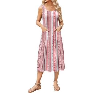 image:imageZeagoo Womens Summer Midi Dresses 2026 Casual Sleeveless Tank Sundresses A Line Crewneck Beach Vacation Dress with PocketsWhitered Patternmz772