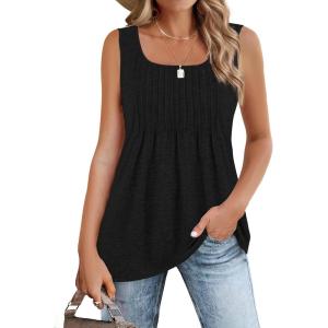 image:imageZeagoo Womens Summer Tank Tops 2026 Pleated Square Neck Loose Fit Casual Flowy Tunic Sleeveless ShirtsBlack