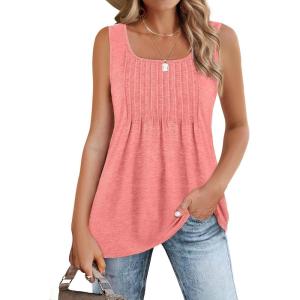 image:imageZeagoo Womens Summer Tank Tops 2026 Pleated Square Neck Loose Fit Casual Flowy Tunic Sleeveless ShirtsCoral