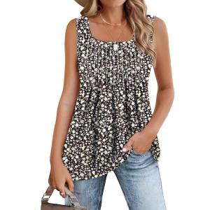 image:imageZeagoo Womens Summer Tank Tops 2026 Pleated Square Neck Loose Fit Casual Flowy Tunic Sleeveless ShirtsFloral Black