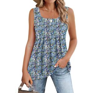 image:imageZeagoo Womens Summer Tank Tops 2026 Pleated Square Neck Loose Fit Casual Flowy Tunic Sleeveless ShirtsFloral Blue