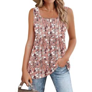 image:imageZeagoo Womens Summer Tank Tops 2026 Pleated Square Neck Loose Fit Casual Flowy Tunic Sleeveless ShirtsFloral Brown
