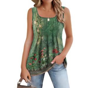 image:imageZeagoo Womens Summer Tank Tops 2026 Pleated Square Neck Loose Fit Casual Flowy Tunic Sleeveless ShirtsFloral Green