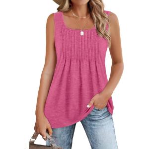 image:imageZeagoo Womens Summer Tank Tops 2026 Pleated Square Neck Loose Fit Casual Flowy Tunic Sleeveless ShirtsHot Pink