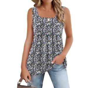 image:imageZeagoo Womens Summer Tank Tops 2026 Pleated Square Neck Loose Fit Casual Flowy Tunic Sleeveless ShirtsMulticolor Floral