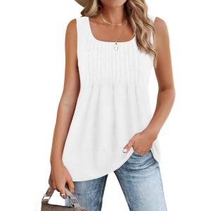 image:imageZeagoo Womens Summer Tank Tops 2026 Pleated Square Neck Loose Fit Casual Flowy Tunic Sleeveless ShirtsWhite
