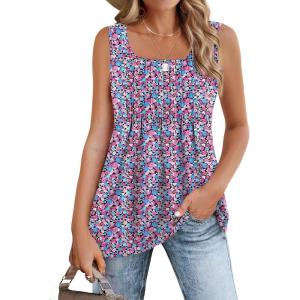image:imageZeagoo Womens Summer Tank Tops 2026 Pleated Square Neck Loose Fit Casual Flowy Tunic Sleeveless ShirtsXh481