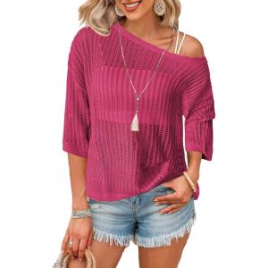 image:imageZeagoo Womens Summer Tops Crochet Sweaters Resort Wear 34 Sleeve Hollow Out Knit Tops 2025 Beach Coverup Rose Red