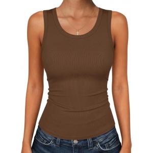 image:imageZeagoo Womens Tank Tops 2026 Scoop Neck Ribbed Sleeveless Top Casual Basic Slim Fitted Knit Cami Tee ShirtsBrown