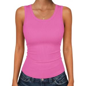 image:imageZeagoo Womens Tank Tops 2026 Scoop Neck Ribbed Sleeveless Top Casual Basic Slim Fitted Knit Cami Tee ShirtsHot Pink