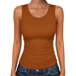 image:imageZeagoo Womens Tank Tops 2026 Scoop Neck Ribbed Sleeveless Top Casual Basic Slim Fitted Knit Cami Tee ShirtsLight Brown