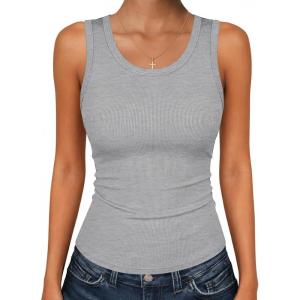 image:imageZeagoo Womens Tank Tops 2026 Scoop Neck Ribbed Sleeveless Top Casual Basic Slim Fitted Knit Cami Tee ShirtsLight Grey