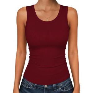 image:imageZeagoo Womens Tank Tops 2026 Scoop Neck Ribbed Sleeveless Top Casual Basic Slim Fitted Knit Cami Tee ShirtsWine Red