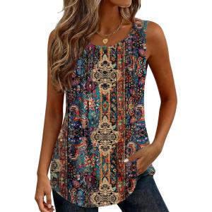 image:imageZeagoo Womens Tank Tops 2026 Summer Loose Fit Crew Neck Boho Tunic Pleated Babydoll Sleeveless Shirts with Button DetailAmz721