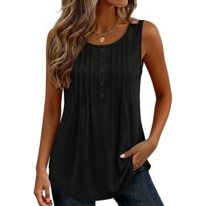 image:imageZeagoo Womens Tank Tops 2026 Summer Loose Fit Crew Neck Boho Tunic Pleated Babydoll Sleeveless Shirts with Button DetailBlack