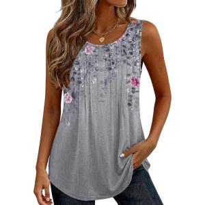 image:imageZeagoo Womens Tank Tops 2026 Summer Loose Fit Crew Neck Boho Tunic Pleated Babydoll Sleeveless Shirts with Button DetailHf36