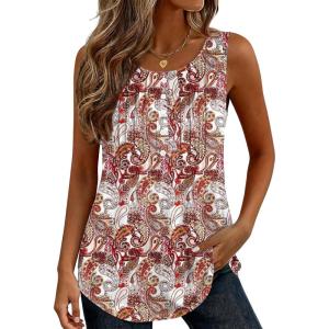 image:imageZeagoo Womens Tank Tops 2026 Summer Loose Fit Crew Neck Boho Tunic Pleated Babydoll Sleeveless Shirts with Button DetailMz3
