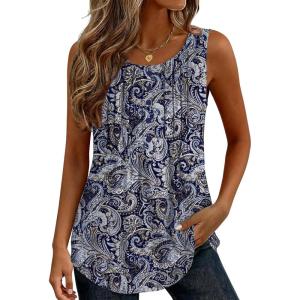 image:imageZeagoo Womens Tank Tops 2026 Summer Loose Fit Crew Neck Boho Tunic Pleated Babydoll Sleeveless Shirts with Button DetailMz473