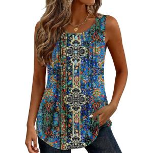 image:imageZeagoo Womens Tank Tops 2026 Summer Loose Fit Crew Neck Boho Tunic Pleated Babydoll Sleeveless Shirts with Button DetailMz779