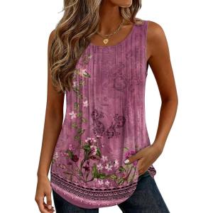 image:imageZeagoo Womens Tank Tops 2026 Summer Loose Fit Crew Neck Boho Tunic Pleated Babydoll Sleeveless Shirts with Button DetailMz841