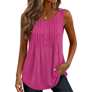 image:imageZeagoo Womens Tank Tops 2026 Summer Loose Fit Crew Neck Boho Tunic Pleated Babydoll Sleeveless Shirts with Button DetailRose