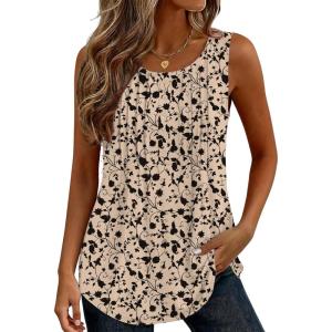 image:imageZeagoo Womens Tank Tops 2026 Summer Loose Fit Crew Neck Boho Tunic Pleated Babydoll Sleeveless Shirts with Button DetailSf154