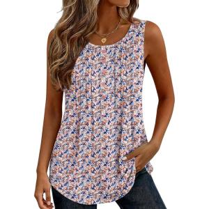 image:imageZeagoo Womens Tank Tops 2026 Summer Loose Fit Crew Neck Boho Tunic Pleated Babydoll Sleeveless Shirts with Button DetailXh498