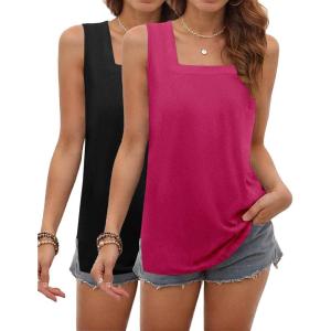 image:imagezeagoo Tank Tops for Women 2026 Summer Square Neck Loose Fit Side Split Casual Flowy Sleeveless Shirts SXXLBalckrose Red