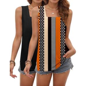 image:imagezeagoo Tank Tops for Women 2026 Summer Square Neck Loose Fit Side Split Casual Flowy Sleeveless Shirts SXXLBlackblaack Orange Stripe