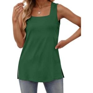 image:imagezeagoo Tank Tops for Women 2026 Summer Square Neck Loose Fit Side Split Casual Flowy Sleeveless Shirts SXXLDark Green