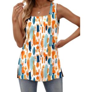 image:imagezeagoo Tank Tops for Women 2026 Summer Square Neck Loose Fit Side Split Casual Flowy Sleeveless Shirts SXXLOrange Green Color Blocked