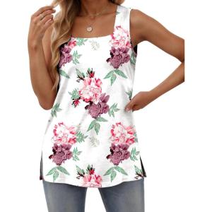 image:imagezeagoo Tank Tops for Women 2026 Summer Square Neck Loose Fit Side Split Casual Flowy Sleeveless Shirts SXXLPink Flower