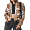 image:imageZeagoo Womens Cropped Jacket Stand Collar Long Sleeve Zip Up Shackets Bomber Jacket Coats with PocketsKhaki Plaid Flannel
