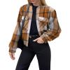 image:imageZeagoo Womens Cropped Jacket Stand Collar Long Sleeve Zip Up Shackets Bomber Jacket Coats with PocketsKhaki Plaid Flannel