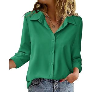 image:imageZeagoo Blouse for Women Dressy Long Sleeve Button Down Shirts Business Casual Outfit Lightweight SolidPrinted TopsZ Evergreen