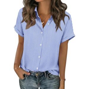 image:imageZeagoo Blue and White Striped Shirts for Women Short Sleeve V Neck Collared Blouses 2026 Summer Tops