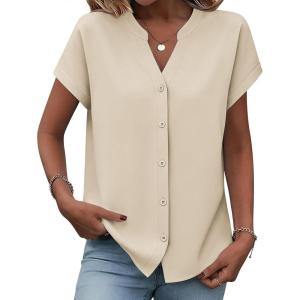 image:imageZeagoo Button Down Shirts for Women Short Sleeve Tops V Neck Collar Blouses Business Casual Outfits S2XLBeige