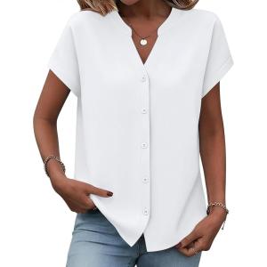 image:imageZeagoo Button Down Shirts for Women Short Sleeve Tops V Neck Collar Blouses Business Casual Outfits S2XLWhite