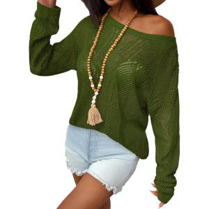 image:imageZeagoo Crochet Tops for Women Off The Shoulder Sweaters Summer Long Sleeve Hollow Out Knit Beach Clothes SXXLArmy Green