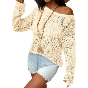 image:imageZeagoo Crochet Tops for Women Off The Shoulder Sweaters Summer Long Sleeve Hollow Out Knit Beach Clothes SXXLBeige